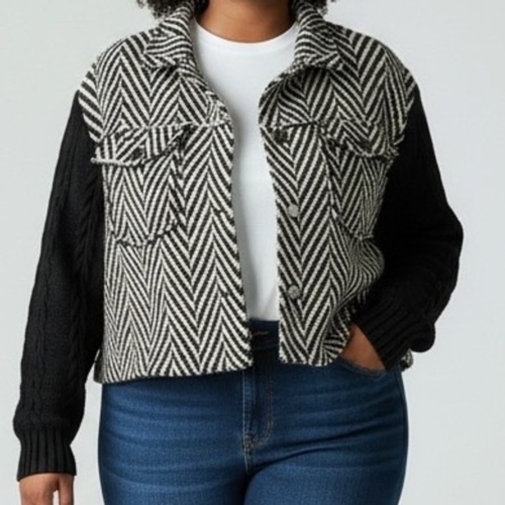 Grace Karma Womens 1X Chevron Jacket frayed edges Black White Cable‎ Knit